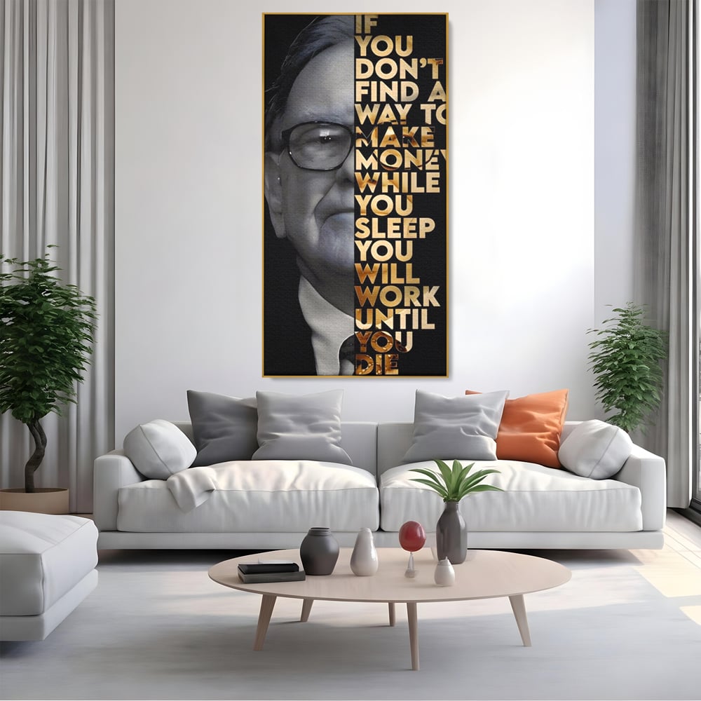 Tablou canvas cu tablou canvas cu warren buffett, in rama de aluminiu auriu, pe perete intr-un living